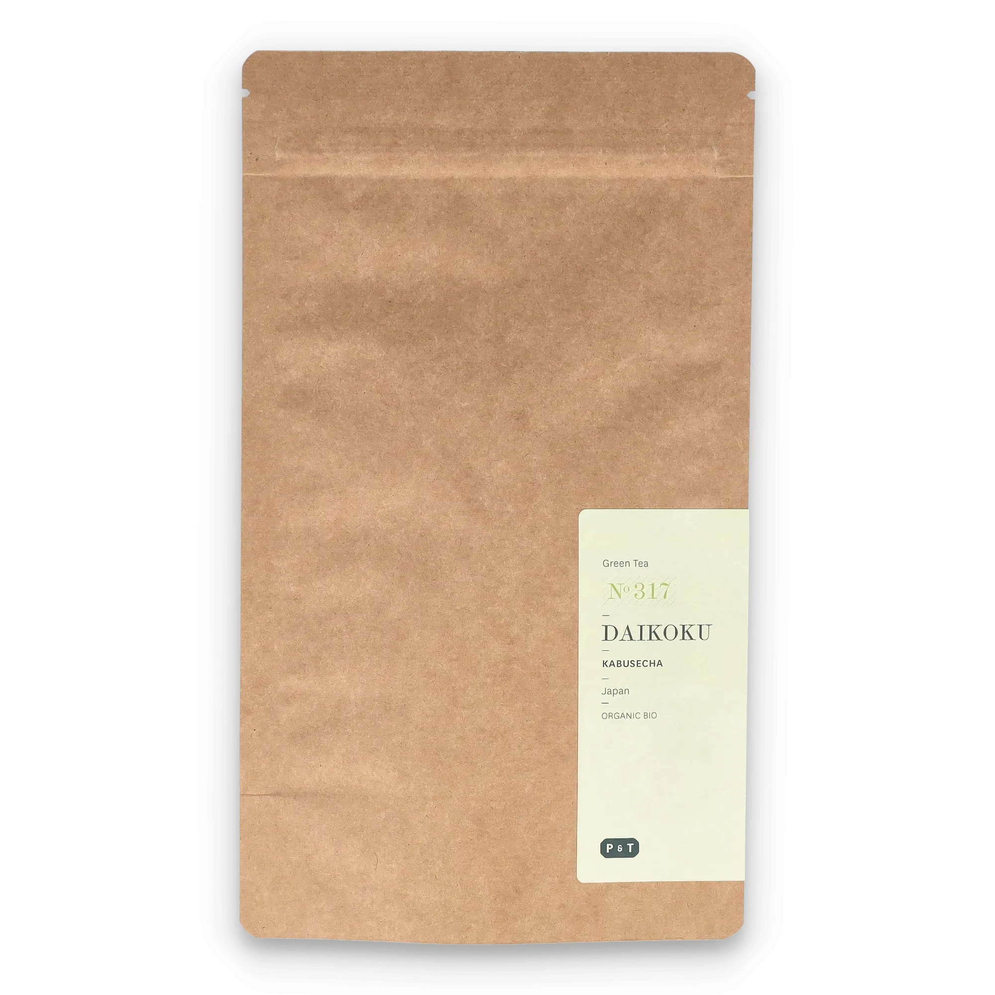 Braune Kraftpapiertüte mit Etikett für DAIKOKU KABUSECHA Bio-Grüntee von P & T