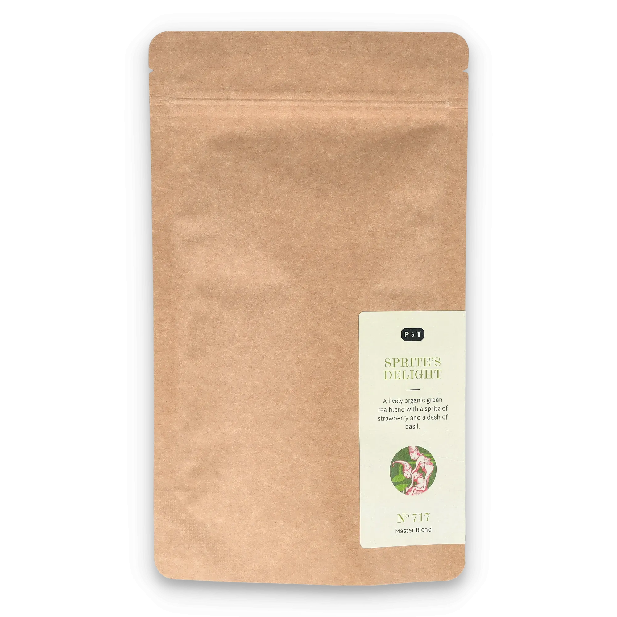 Braune Kraftpapier-Tüte für Bio-Grüntee mit Erdbeer- und Basilikum von P & T, wiederverschließbar.