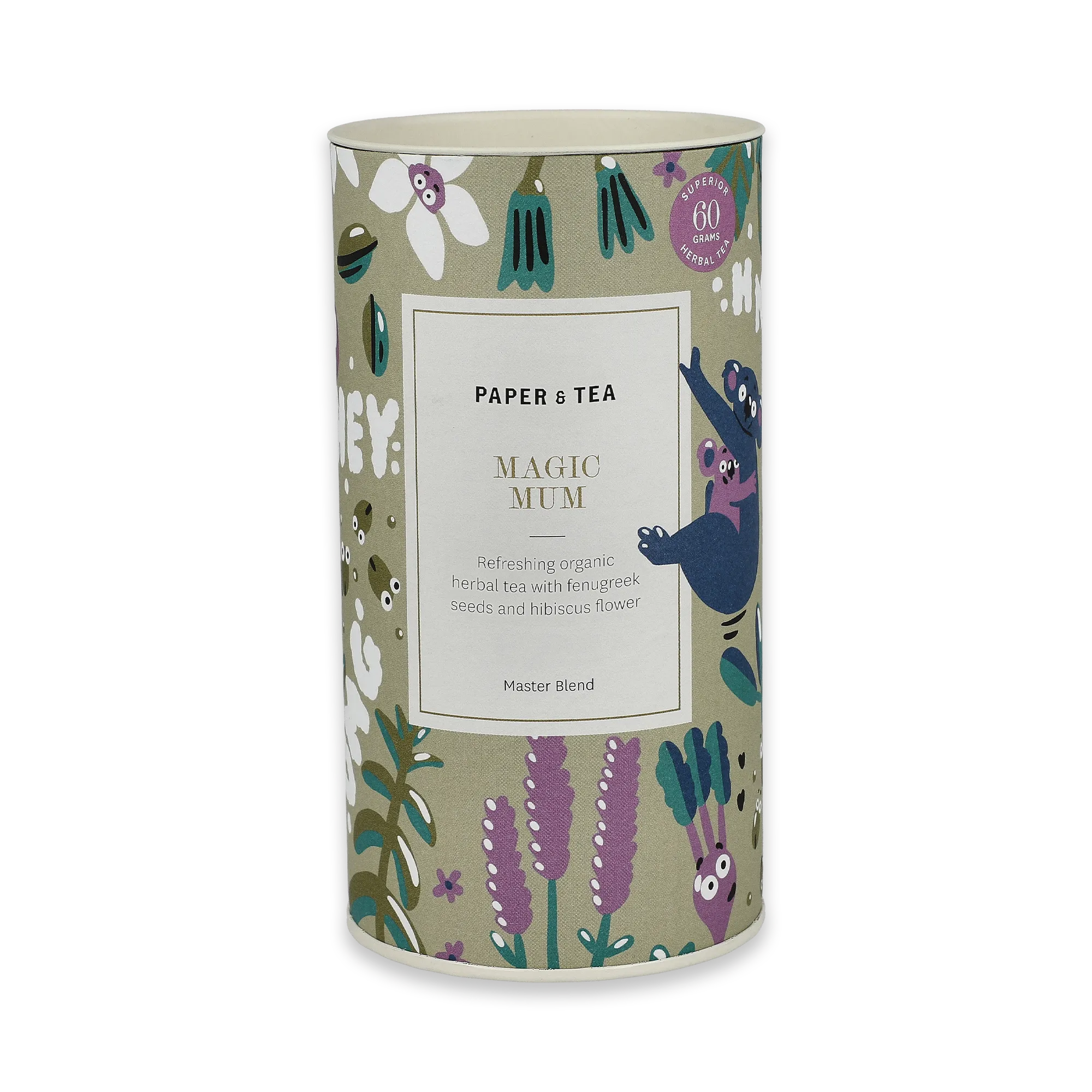 Zylindrische Teedose mit grüner Verpackung, botanischen Illustrationen und blauem Bärenmotiv für Kräutertee.