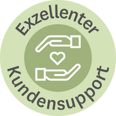 Grünes Abzeichen mit Händen, die ein Herz schützen; Text: 'Exzellenter Kundensupport'