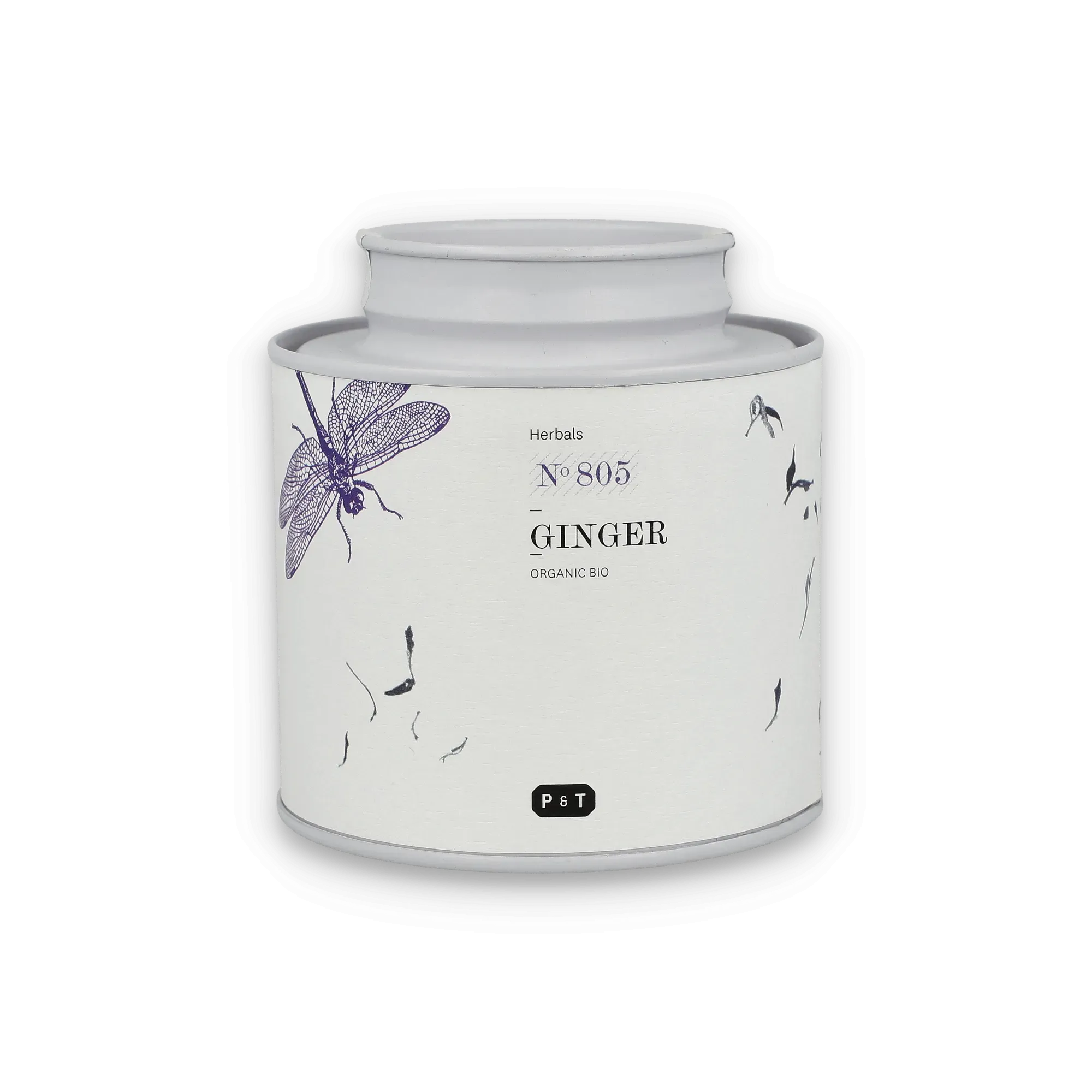 Weißer zylindrischer Behälter für Kräutertee, GINGER-Beschriftung, Bio-Label, lila Libellenillustration.