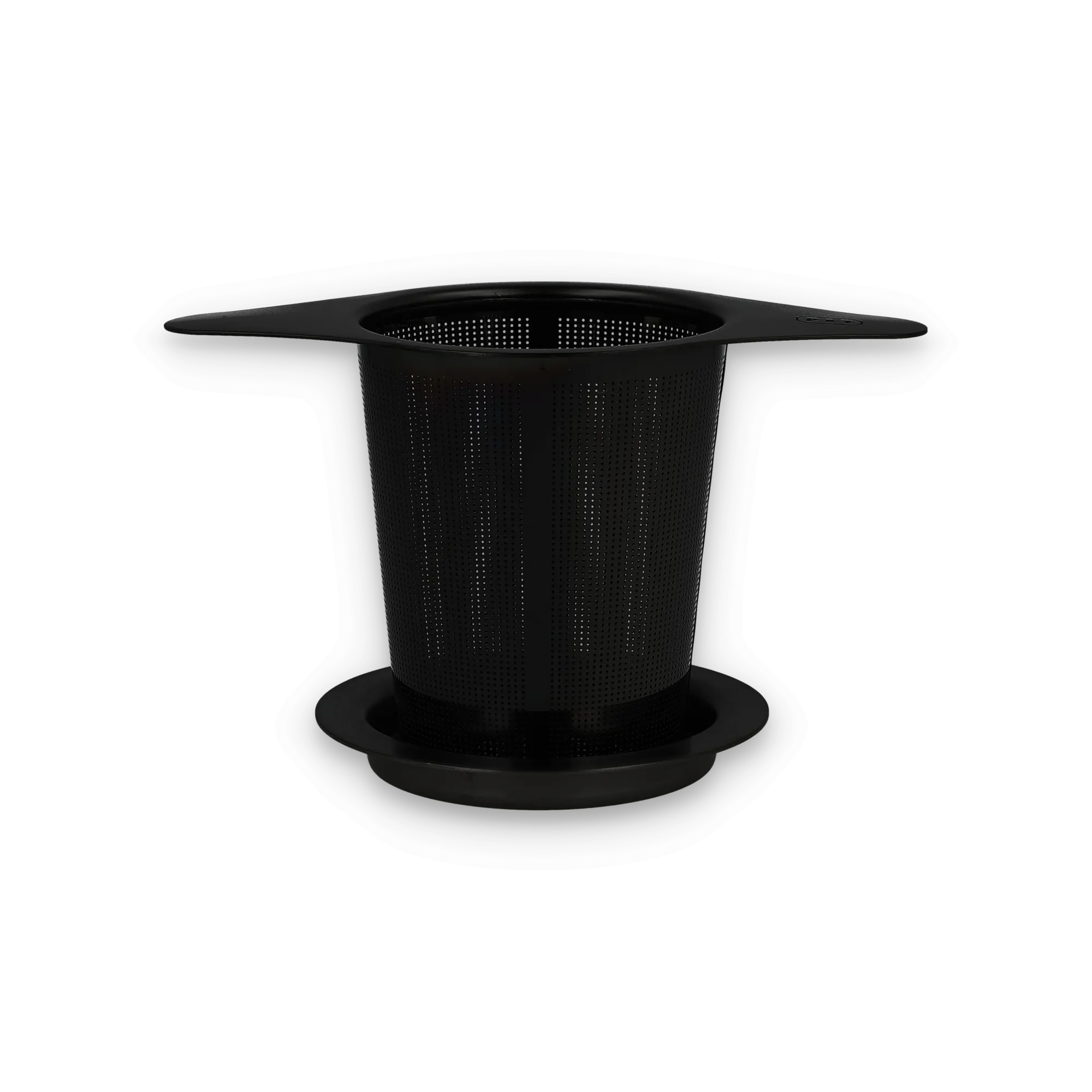 Schwarzes, zylindrisches Teesieb mit Lochmuster und seitlichen Griffen