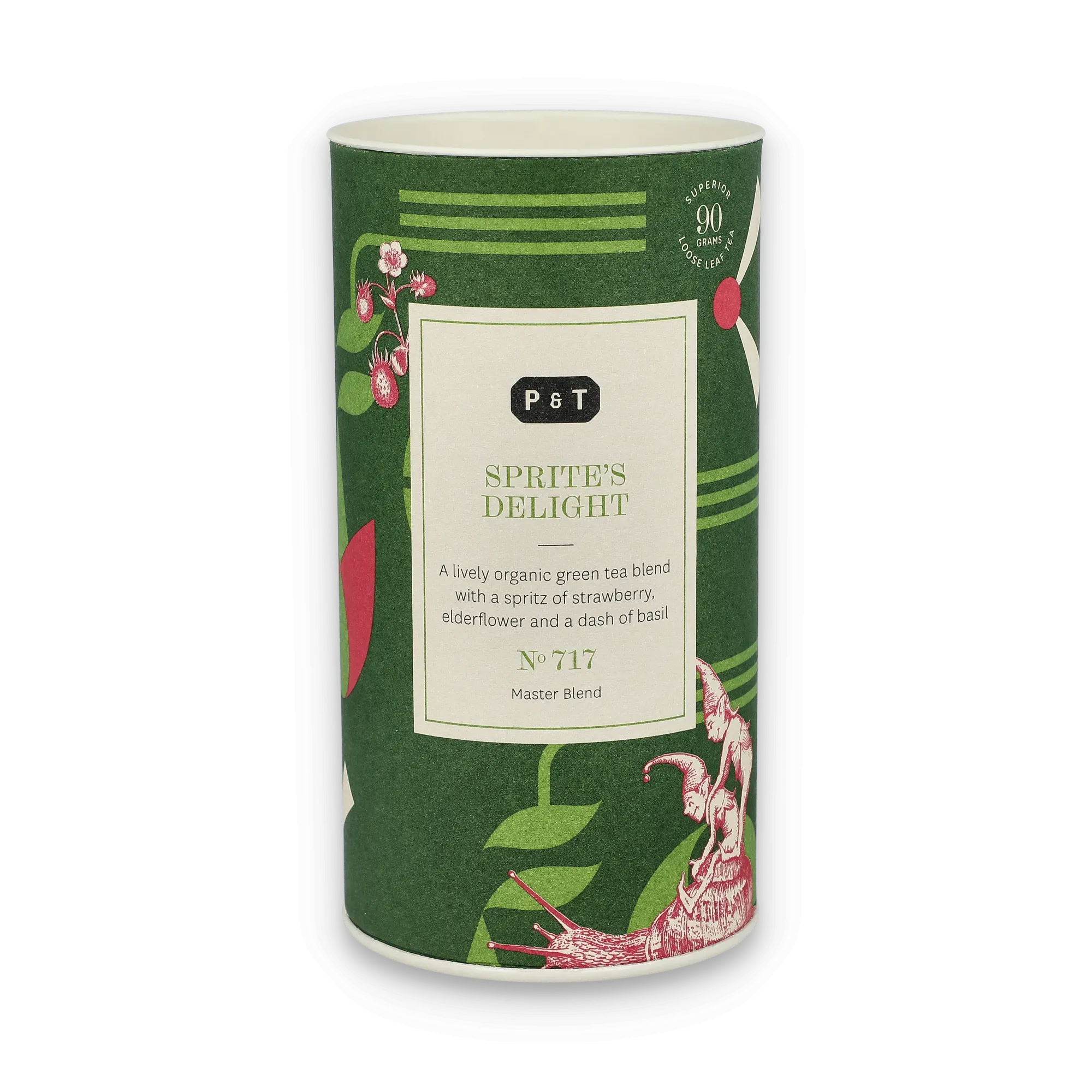 Grüne Teedose mit botanischen Illustrationen und 'P & T Sprite’s Delight' Etikett für Bio-Grüntee.