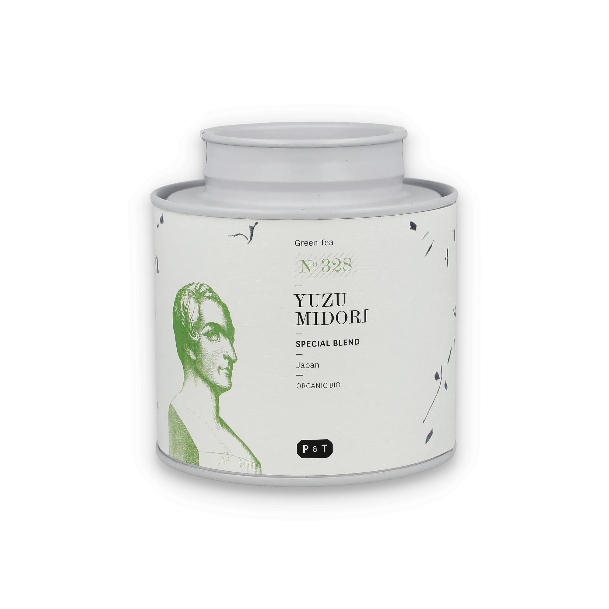 Weißer zylindrischer Teebehälter mit grünem YUZU MIDORI Green Tea Label und klassischer Büste im Hintergrund.
