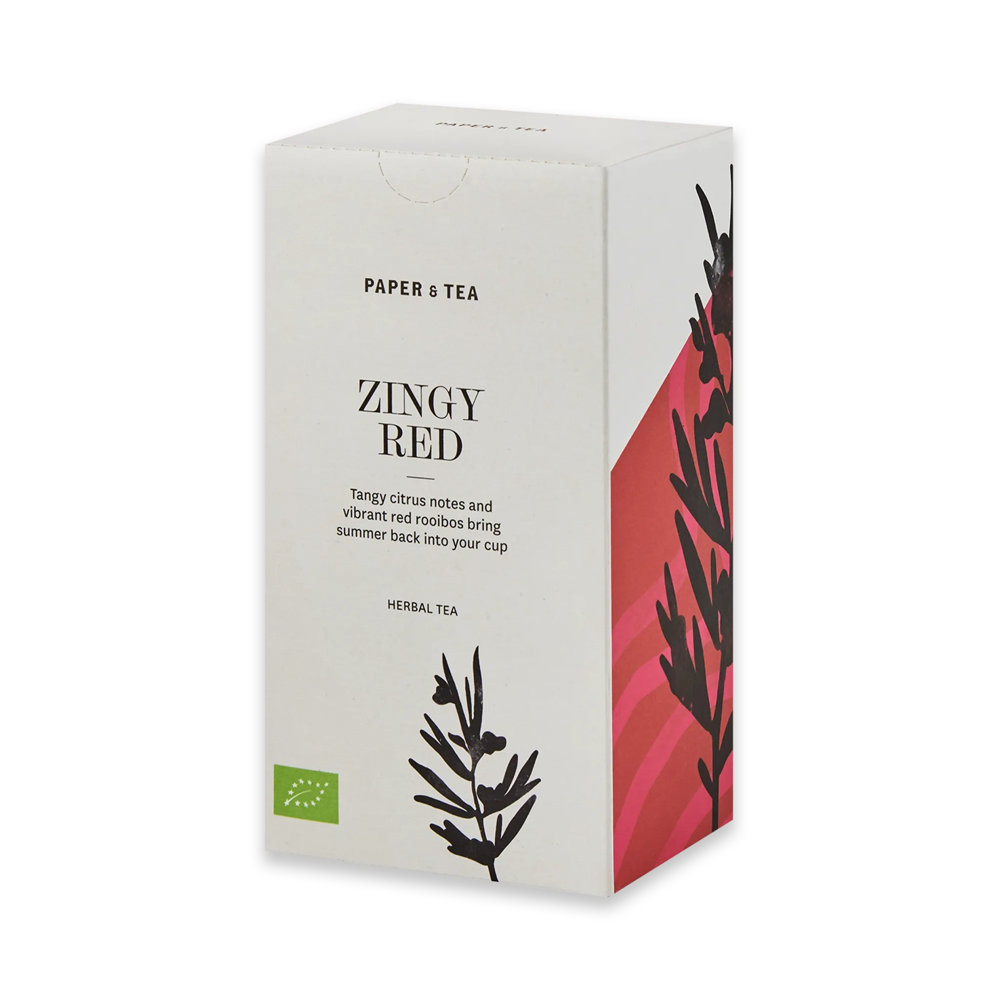 Kräutertee ZINGY RED von PAPER & TEA in weiß-pinker Verpackung mit Zitrusnoten und Bio-Siegel.