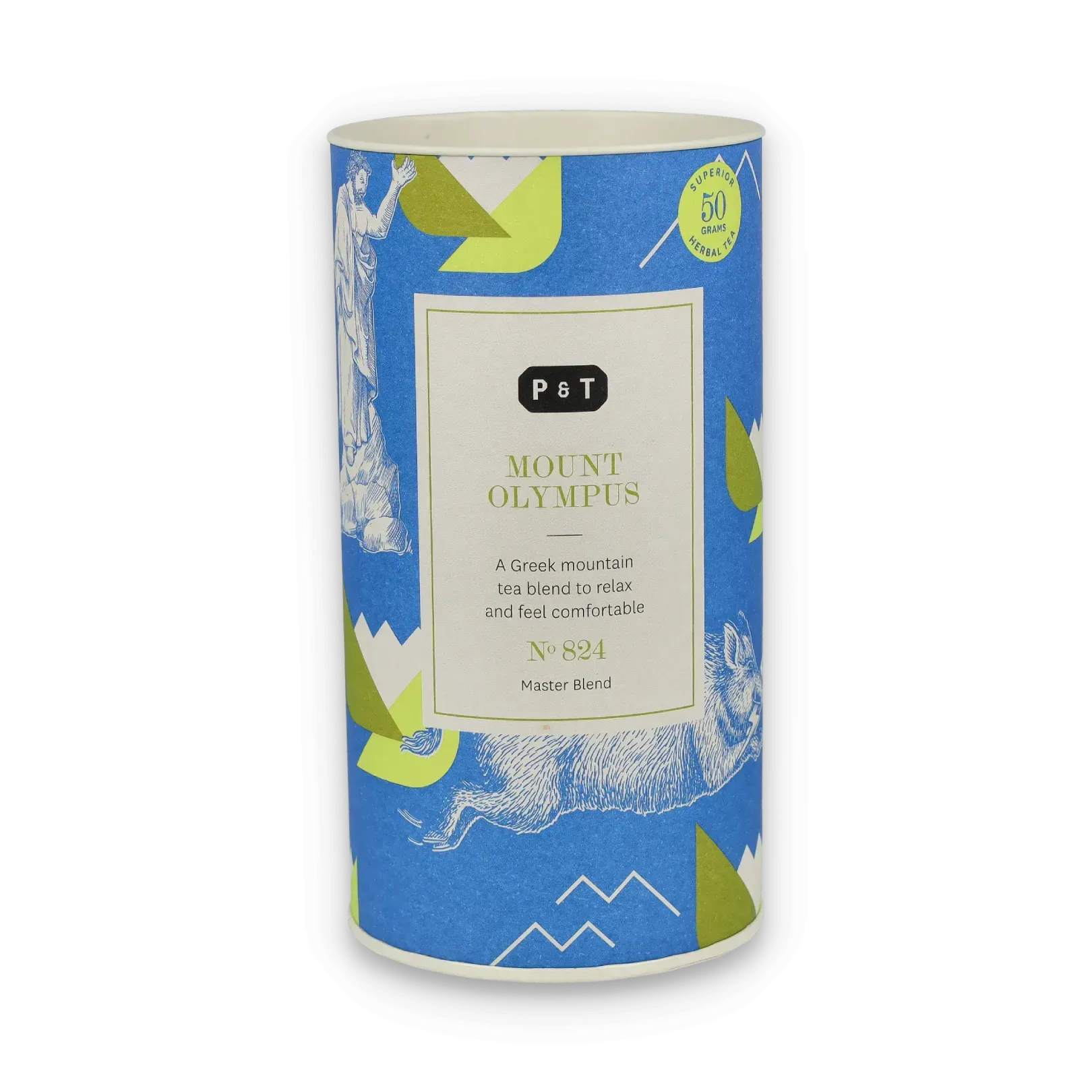 Zylinderförmige Teedose mit blauem Etikett, grünen Blättern und klassischer Statue, Mount Olympus Kräutertee.
