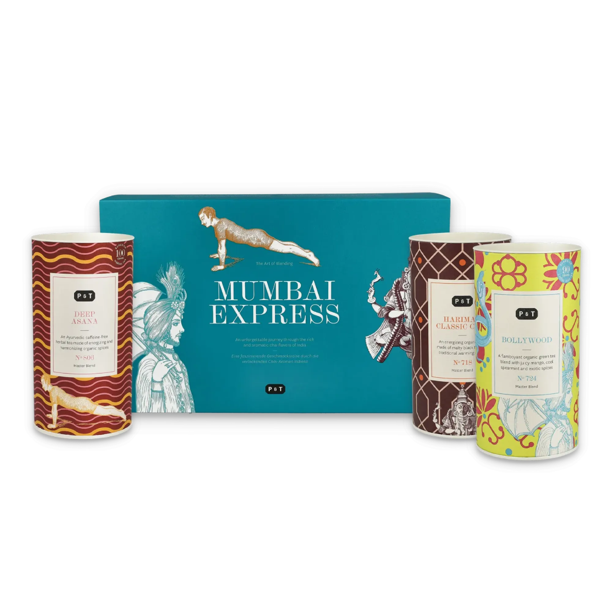 Teal 'MUMBAI EXPRESS' Teebox mit indischen Figuren und drei bunten Teedosen, Bio-Tees 'DEEP ASANA', 'HARIMA CLASSIC', 'BOLLYWOOD'