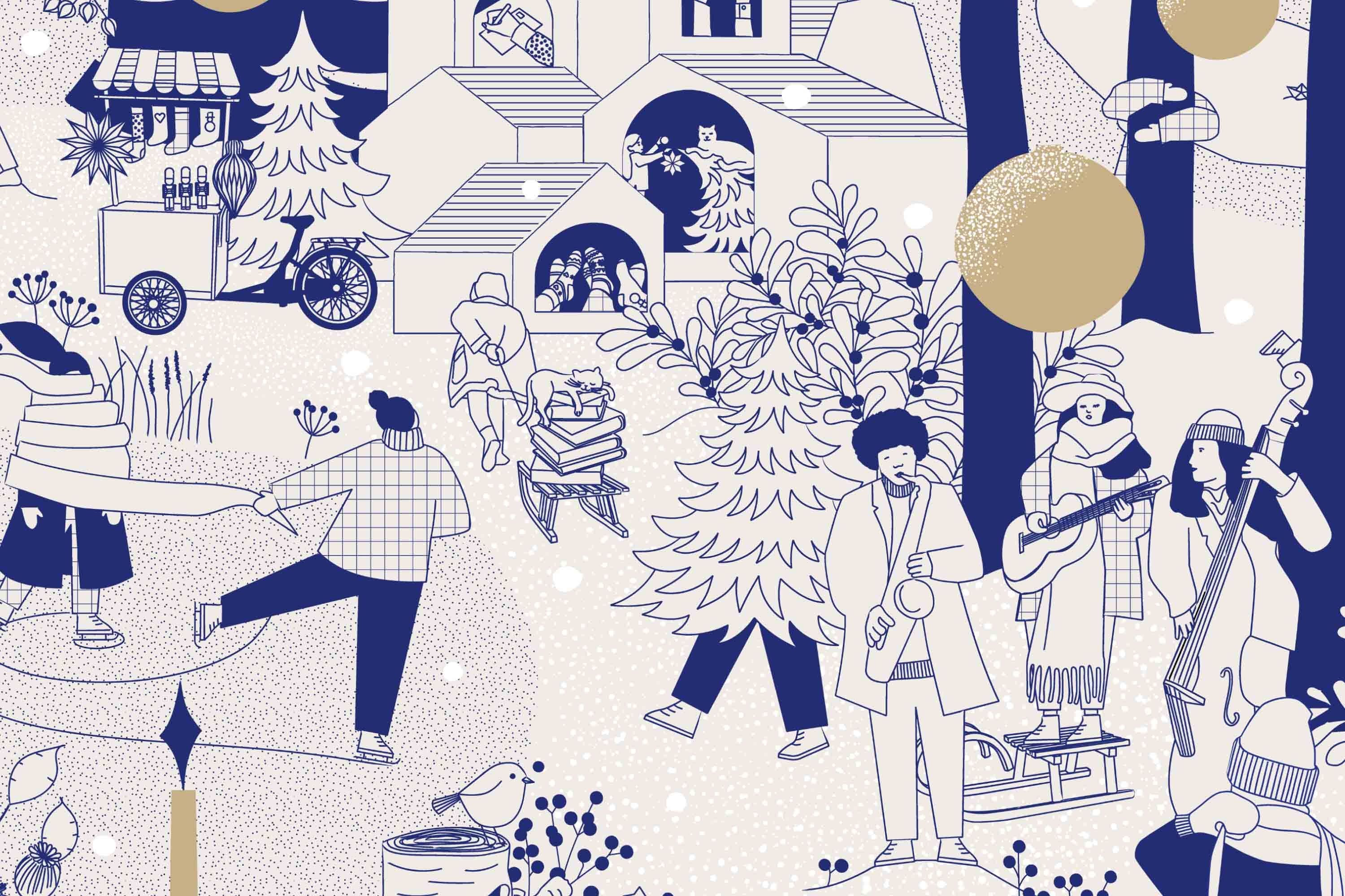 Winterliche Parkszene mit Menschen beim Schlittschuhlaufen, Musizieren und Weihnachtsdekorationen.