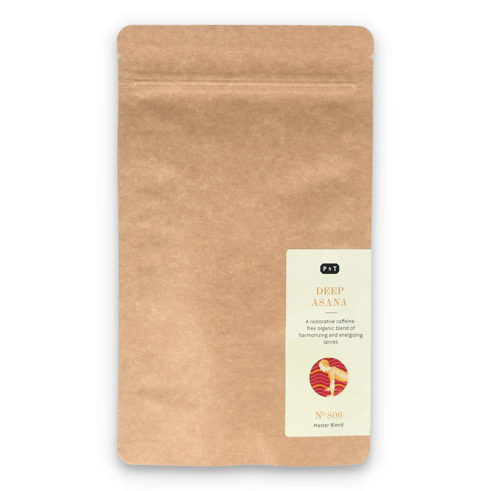 Braune Kraftpapierverpackung mit Etikett für Deep Asana Bio-Gewürztee, beruhigend und koffeinfrei.