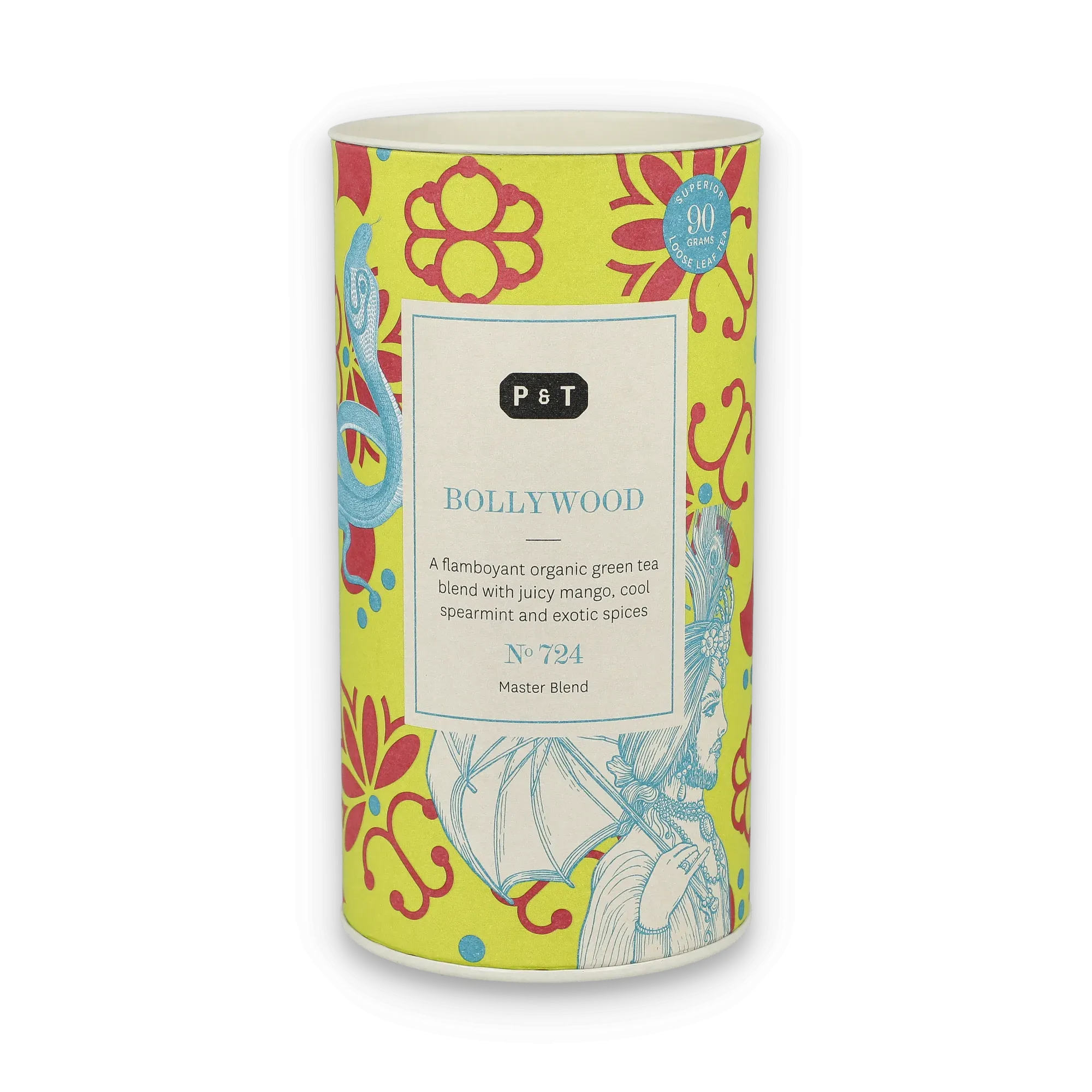 Zylindrische Teedose mit gelben und roten floralen Mustern, Etikett zeigt P & T Bollywood Bio-Grüntee mit Mango, Minze und Gewürzen.