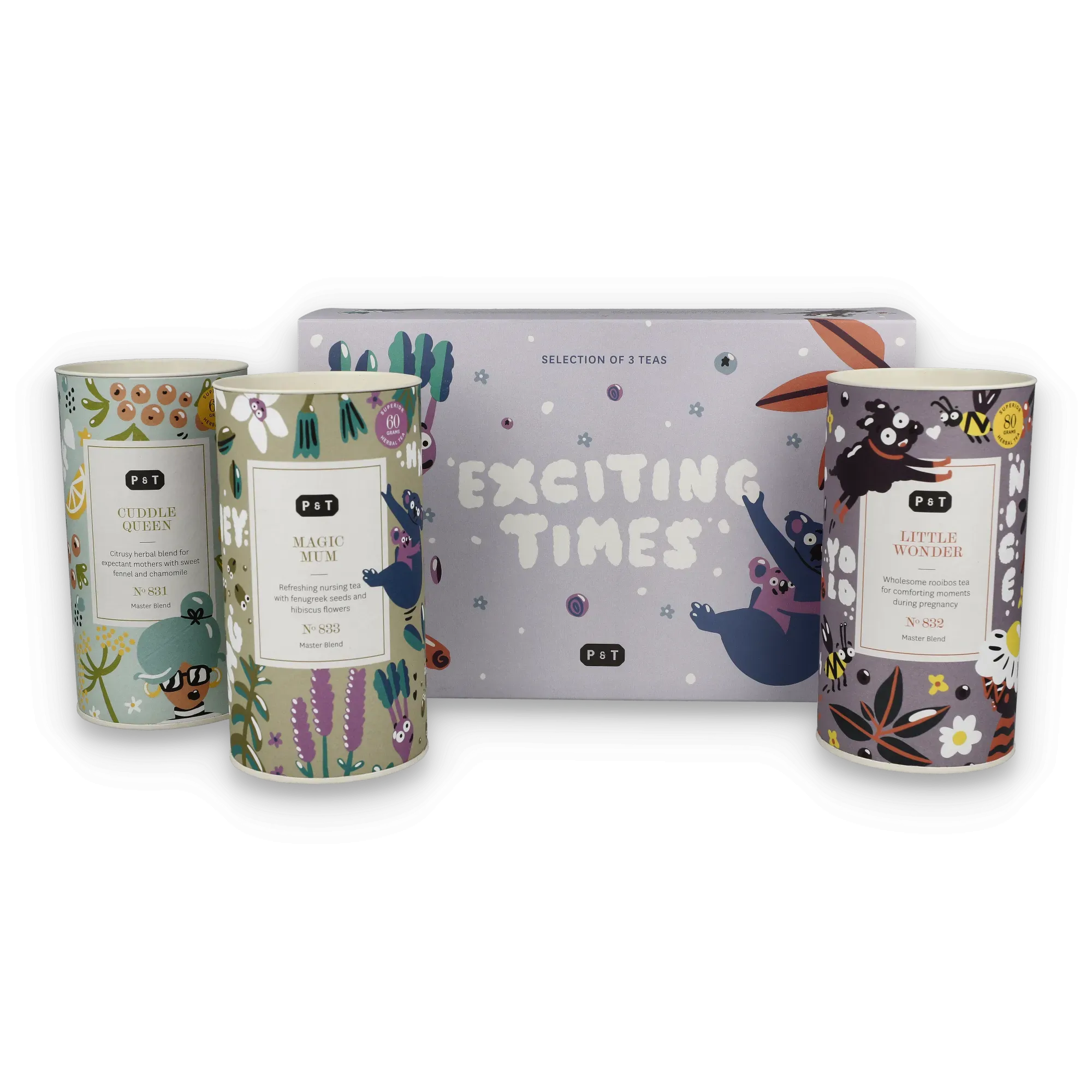 Drei bunte P & T Kräuterteedosen: CUDDLE QUEEN, MAGIC MUM, LITTLE WONDER neben violetter Box mit Tier- und Pflanzenmotiven