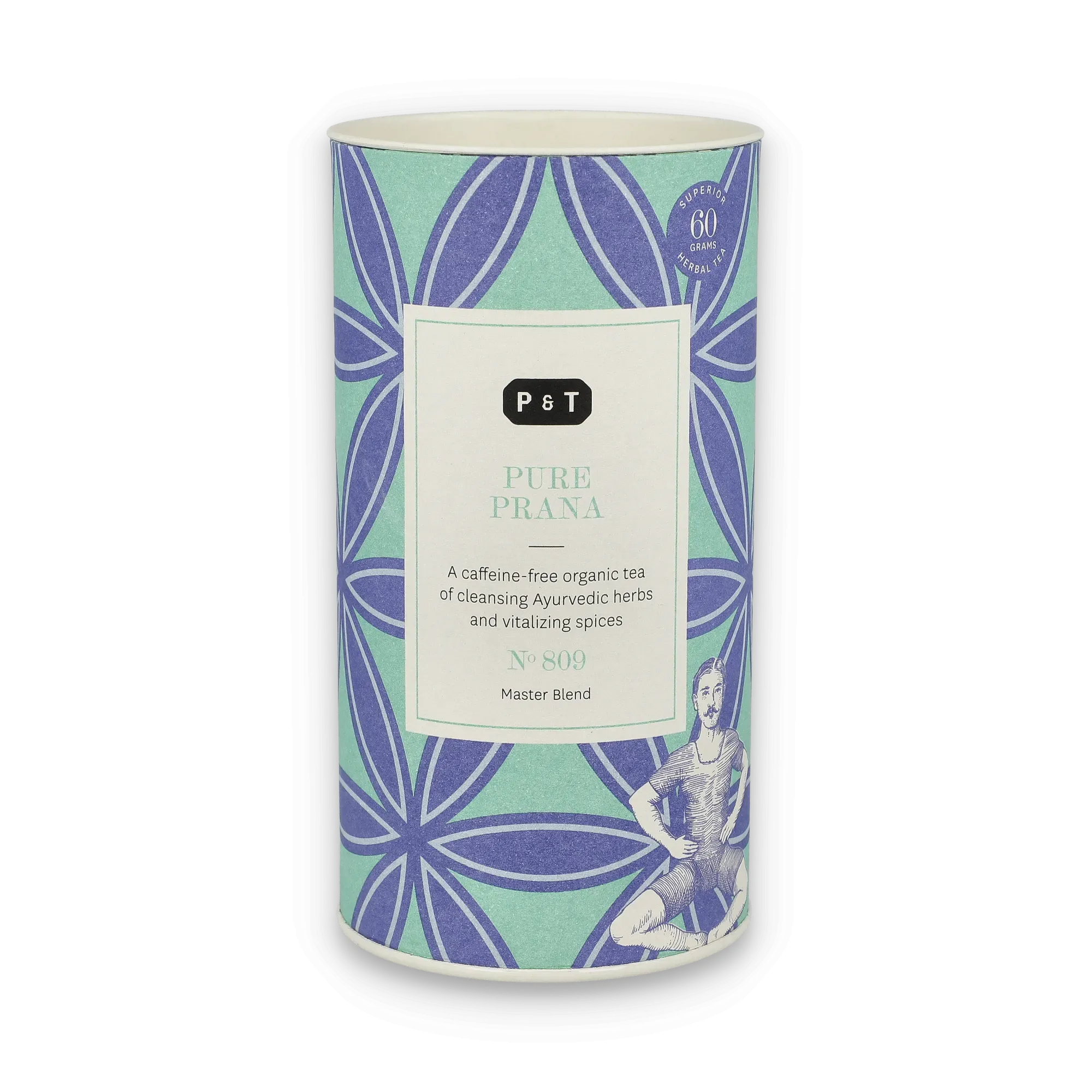 Zylindrischer Teebehälter mit türkis-lila Blumenmuster und P & T PURE PRANA Kräutertee-Etikett.